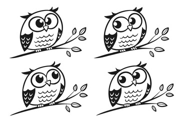 Obraz premium Minimalist cartoon owl icon set in black yellow cyan magenta