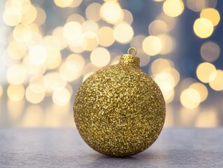Golden Christmas ornament with glowing fairy lights for festive decoration