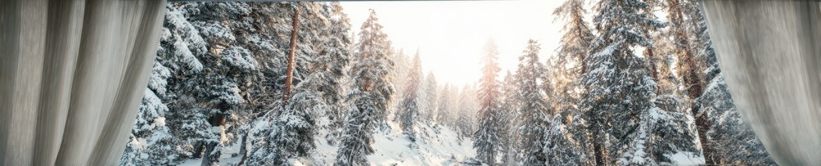 Winter forest scene viewed through large panoramic window with snow covered trees