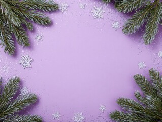 Festive winter background with snowflakes and pine branches on soft lavender