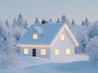 Charming modern cottage in a winter wonderland with snow covered trees and twinkling lights