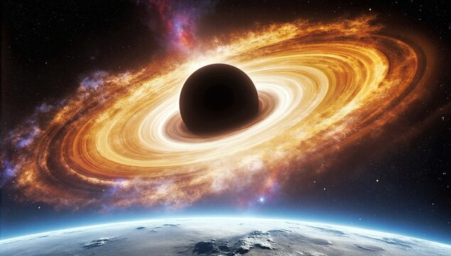 Spectacular cosmic event featuring a black hole and accretion disk above earth planet landscape