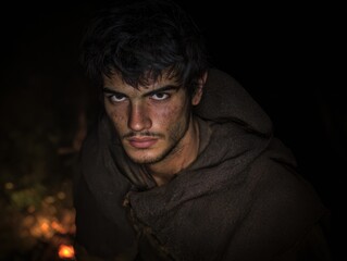 Portrait of a rugged young man in dim lighting with intense expression