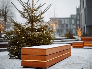 Modern winter yard with wooden benches and festive lighting