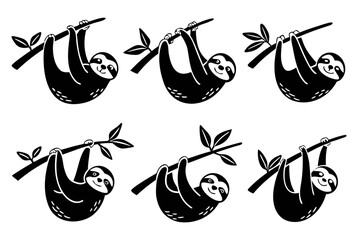Minimalist cartoon sloth hanging icon set