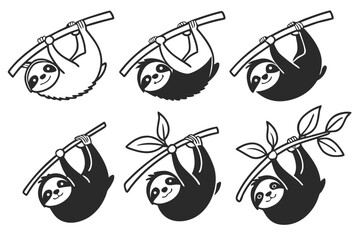 Minimalist cartoon sloth icon set in black yellow cyan magenta