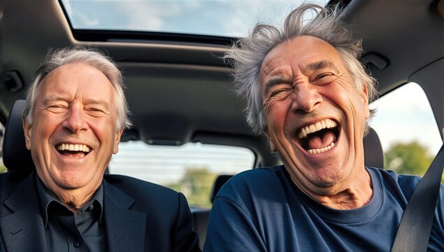 Senior men laughing joyfully in car during summer road trip adventure - Powered by Adobe