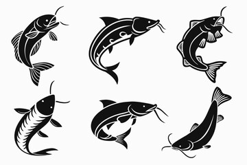 Eight minimalist catfish icons in black and yellow