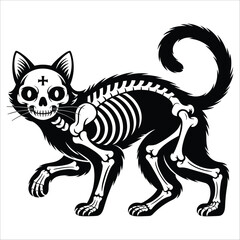 Spooky skeleton black cat walking halloween graphic design feline animal art