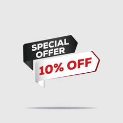 "3D rendered special offer price tag, 10% off discount, red and black text, realistic studio lighting, modern sale design"