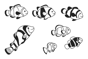 Minimalist clownfish icon set in black and yellow