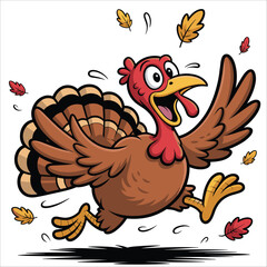 Joyful cartoon turkey running with autumn leaves festive thanksgiving celebration
