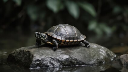 Naklejka premium A small freshwater turtle basking on a wet rock in a tranquil pond.