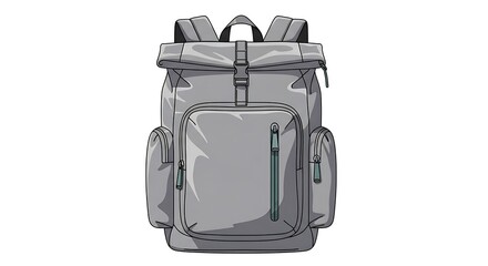 Detailed vector illustration of a modern grey backpack with a secure roll-top closure, ideal for outdoor adventures, travel, and daily urban use