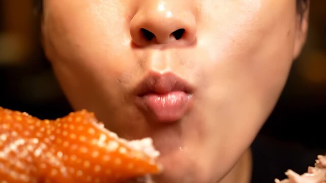 A man holds a pretzel in his hand, focusing on the pretzel's texture. The man enjoys the snack as the pretzel's salt glistens under the light in his hand.