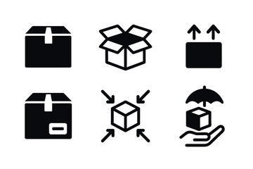 Packaging and delivery box icon set. Vector black symbols of shipping and cargo containers