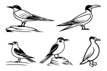 Eight minimalist tern icons in black yellow cyan magenta