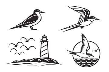Set of eight minimalist tern icons in black and yellow