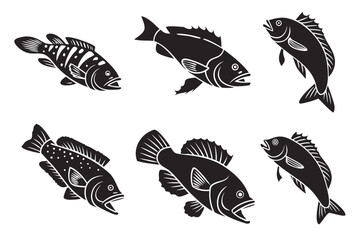 Minimalist coral grouper icons set in black yellow cyan magenta