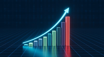 Glowing blue arrow graph rising over colorful bars