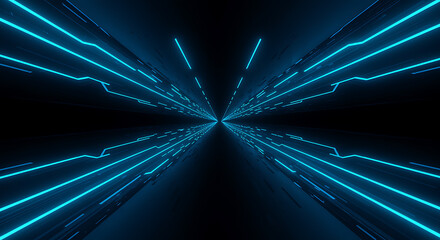Neon blue geometric lines receding into darkness abstract