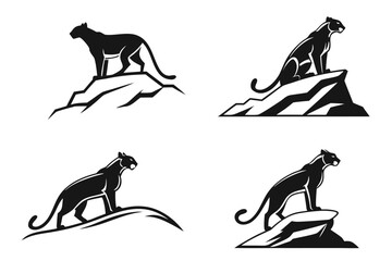 Minimalist cougar on rock icon set