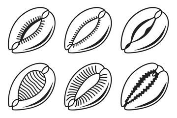 Minimalist cowrie shell icon set with eight unique designs