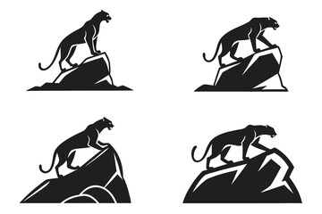 Minimalist cougar on rock icon set