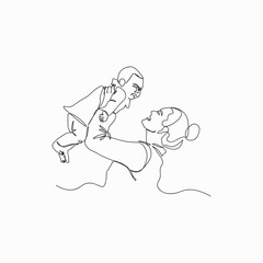 Mother lifting baby up in one line drawing, minimalist family love illustration