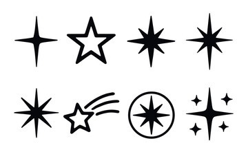 Obraz premium Star shape icon set. Vector black symbols of sparkle and space glyph illustrations