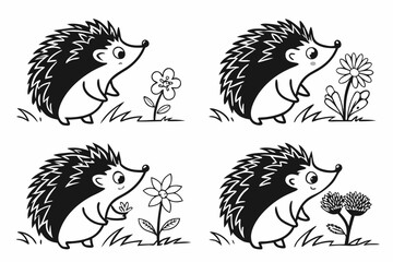 Naklejka premium Cute hedgehog with flowers icon set