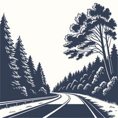 Curved Road Through Pine Forest - Black and White Illustration