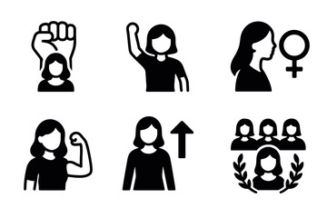 Women empowerment icon set. Vector black symbols of feminism and equality glyph illustrations