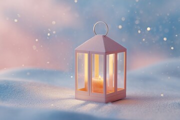 Softly glowing lantern adds warmth to a snowy scene during twilight hours