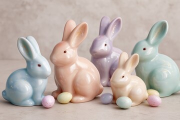 Colorful ceramic bunnies with pastel eggs on a light surface for spring decoration