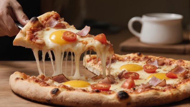 Delicious Breakfast Pizza with Sunny-Side Up Eggs and Melted Cheese.