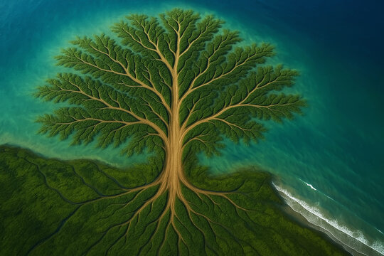 Fractal Tree Symbolizing Ecosystem Connection and Geometric Growth by the Sea - Powered by Adobe