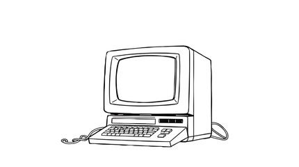 Old computer, black and white lines, vector, isolated, white background