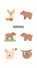 Fototapeta premium A collection of six minimalist animal illustrations, including a fennec fox, capybaras, and a sloth, on a white background.