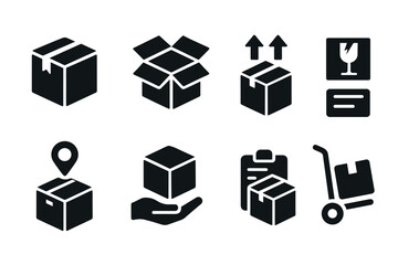 Parcel and package delivery icon set. Vector black symbols of shipping and logistics