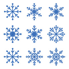 Fototapeta premium Nine blue snowflake illustrations arranged in a grid on a white background winter holiday season