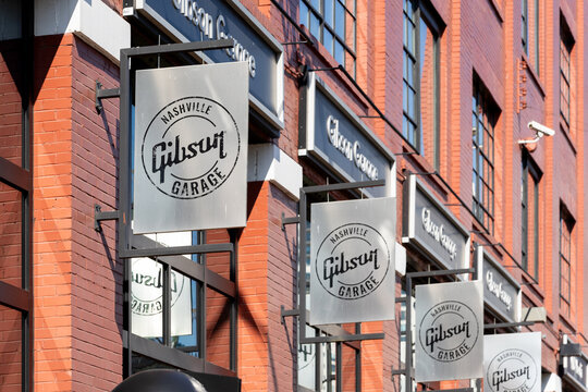 Nashville, TN, USA - September 29, 2025: The Gibson Brands headquarters is located in downtown Nashville with their Gibson Garage offers an exclusive guitar experience.