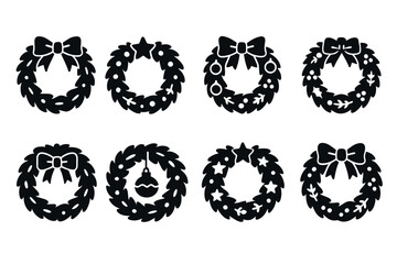 Christmas Wreath Icon Set. Vector black holiday symbols of pine wreath, bow, star, and seasonal decoration glyph illustrations