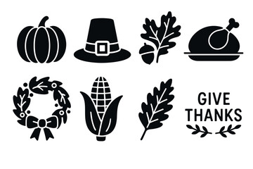 Thanksgiving and autumn holiday icon set. Vector black symbols of harvest festival