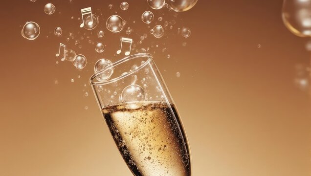 Champagne glass with musical notes and bubbles on a golden background.