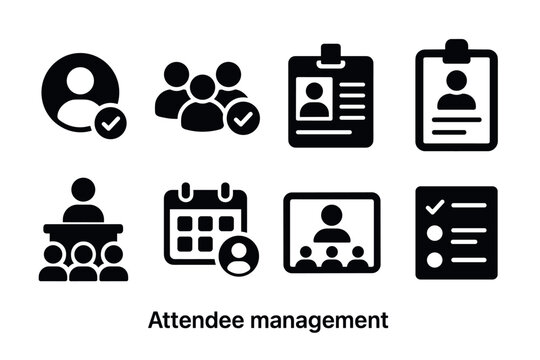 Attendee management and event registration icon set. Vector black symbols of conference and participants