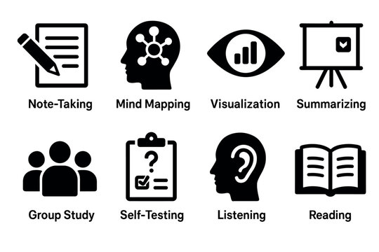 Study methods and learning techniques icon set. Vector black symbols of effective education strategies