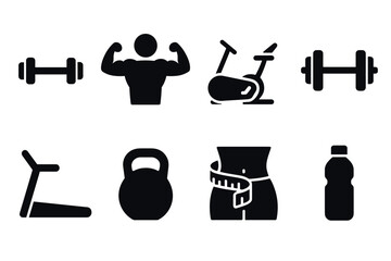 Fitness and gym icon set. Vector black symbols of workout and exercise