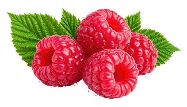Fresh raspberries with leaves. Close-up of three ripe, juicy raspberries, vibrant red in color, clustered together.  Green leaves add natural freshness
