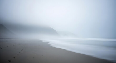 A foggy beach scene with waves crashing on the shore and a hill in the background covered in mist ai generated